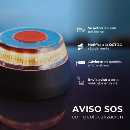 Luz Emergencia V16 Geolocalizada con Base Magnética, IoT 12 Años Gratis, IP54 Impermeable, 1KM Visibilidad, Pilas Incluidas, Homologada DGT para Vehículos Coches Motos y Seguridad Vial
