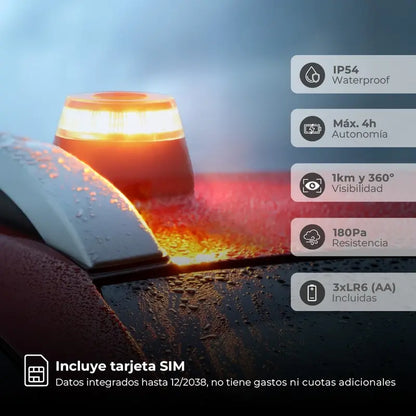 Luz Emergencia V16 Geolocalizada con Base Magnética, IoT 12 Años Gratis, IP54 Impermeable, 1KM Visibilidad, Pilas Incluidas, Homologada DGT para Vehículos Coches Motos y Seguridad Vial
