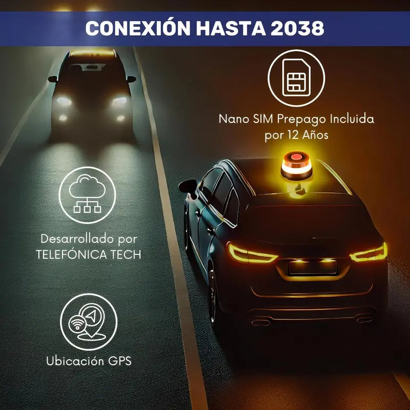 Luz Emergencia V16 Geolocalizada con Base Magnética, IoT 12 Años Gratis, IP54 Impermeable, 1KM Visibilidad, Pilas Incluidas, Homologada DGT para Vehículos Coches Motos y Seguridad Vial