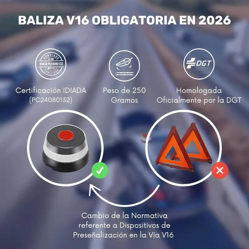 Luz Emergencia V16 Geolocalizada con Base Magnética, IoT 12 Años Gratis, IP54 Impermeable, 1KM Visibilidad, Pilas Incluidas, Homologada DGT para Vehículos Coches Motos y Seguridad Vial