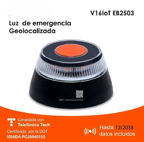 Luz Emergencia V16 Geolocalizada con Base Magnética, IoT 12 Años Gratis, IP54 Impermeable, 1KM Visibilidad, Pilas Incluidas, Homologada DGT para Vehículos Coches Motos y Seguridad Vial